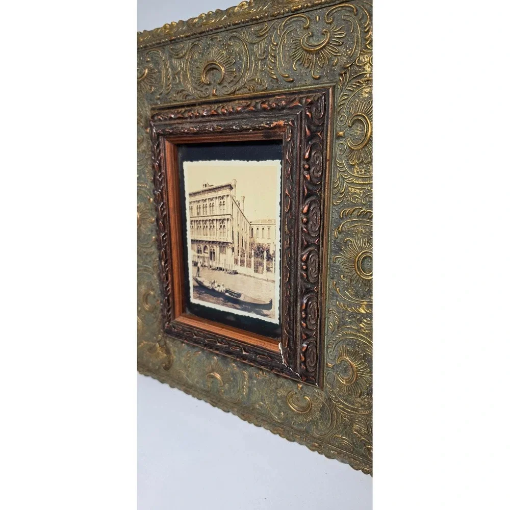 Vintage Ornate Gold Tone Picture Frame Venice Gondola Photo 12x14 Heavy Solid